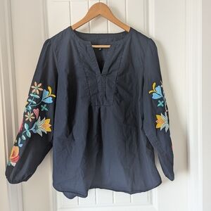 Embroidered Navy Peasant Blouse with Floral Sleeves Large Petit